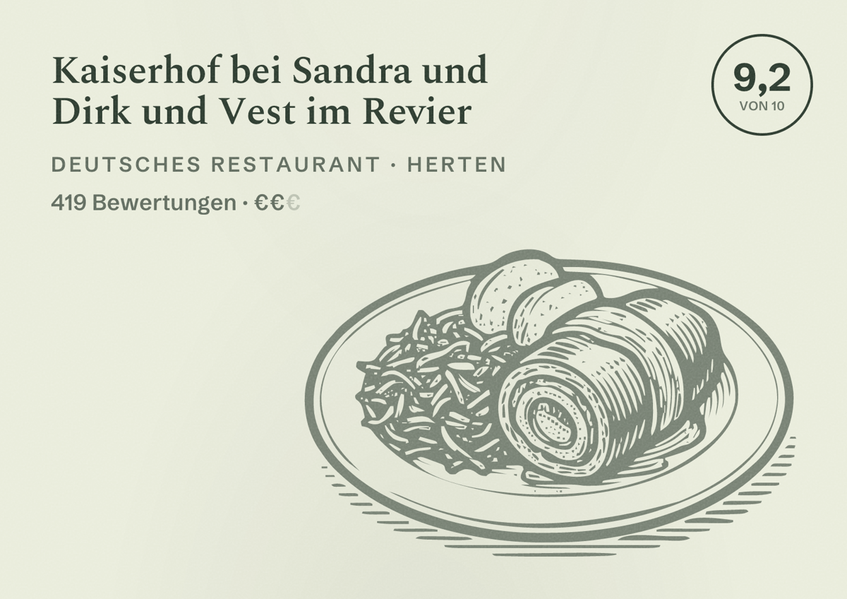 Illustriertes Poster von Kaiserhof bei Sandra und Dirk und Vest im Revier, Deutsches Restaurant in Herten: Bewertung 9,2 von 10 aus 419 Bewertungen, Preisniveau €€