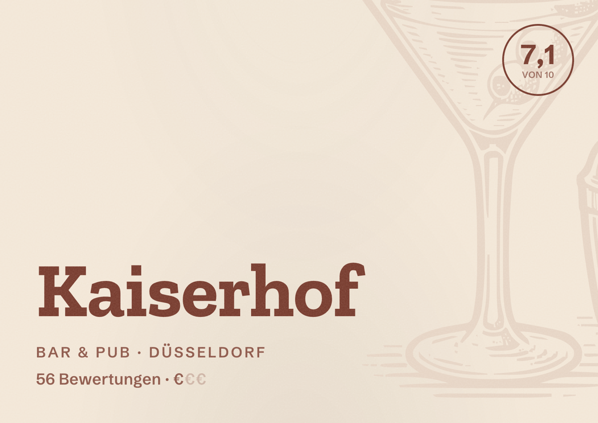Illustriertes Poster von Kaiserhof, Bar & Pub in Düsseldorf: Bewertung 7,1 von 10 aus 56 Bewertungen, Preisniveau €
