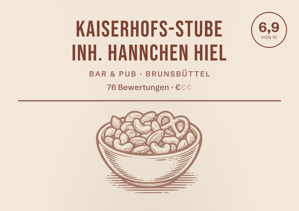 Illustriertes Poster von Kaiserhofs-Stube Inh. Hannchen Hiel, Bar & Pub in Brunsbüttel: Bewertung 6,9 von 10 aus 76 Bewertungen, Preisniveau €