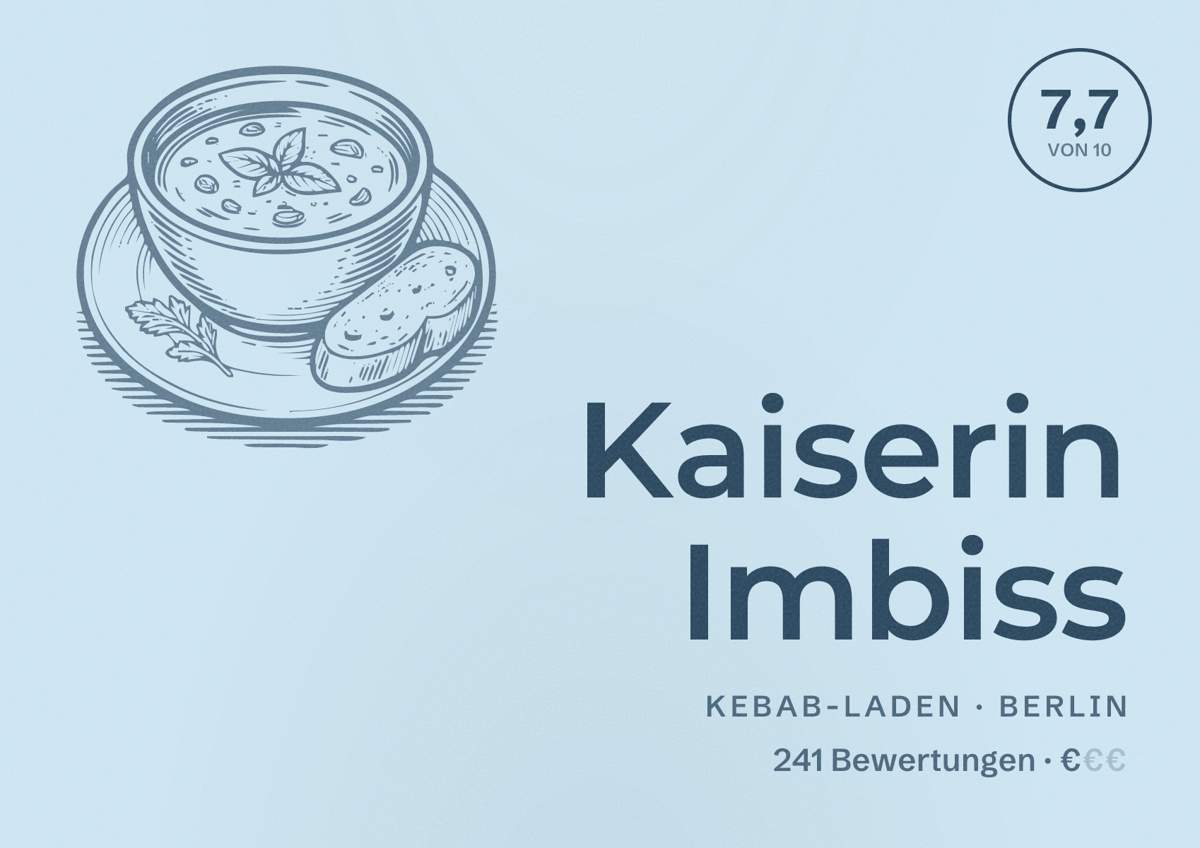 Illustriertes Poster von Kaiserin Imbiss, Kebab-Laden in Berlin: Bewertung 7,7 von 10 aus 241 Bewertungen, Preisniveau €