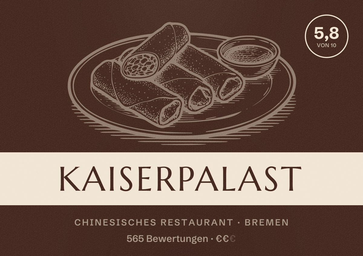 Illustriertes Poster von Kaiserpalast, Chinesisches Restaurant in Bremen: Bewertung 5,8 von 10 aus 565 Bewertungen, Preisniveau €€