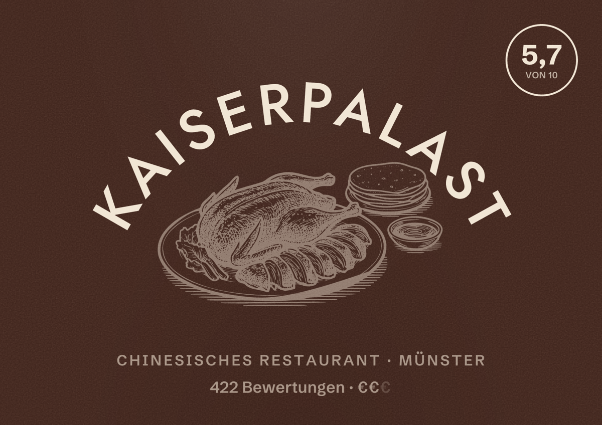 Illustriertes Poster von Kaiserpalast, Chinesisches Restaurant in Münster: Bewertung 5,7 von 10 aus 422 Bewertungen, Preisniveau €€