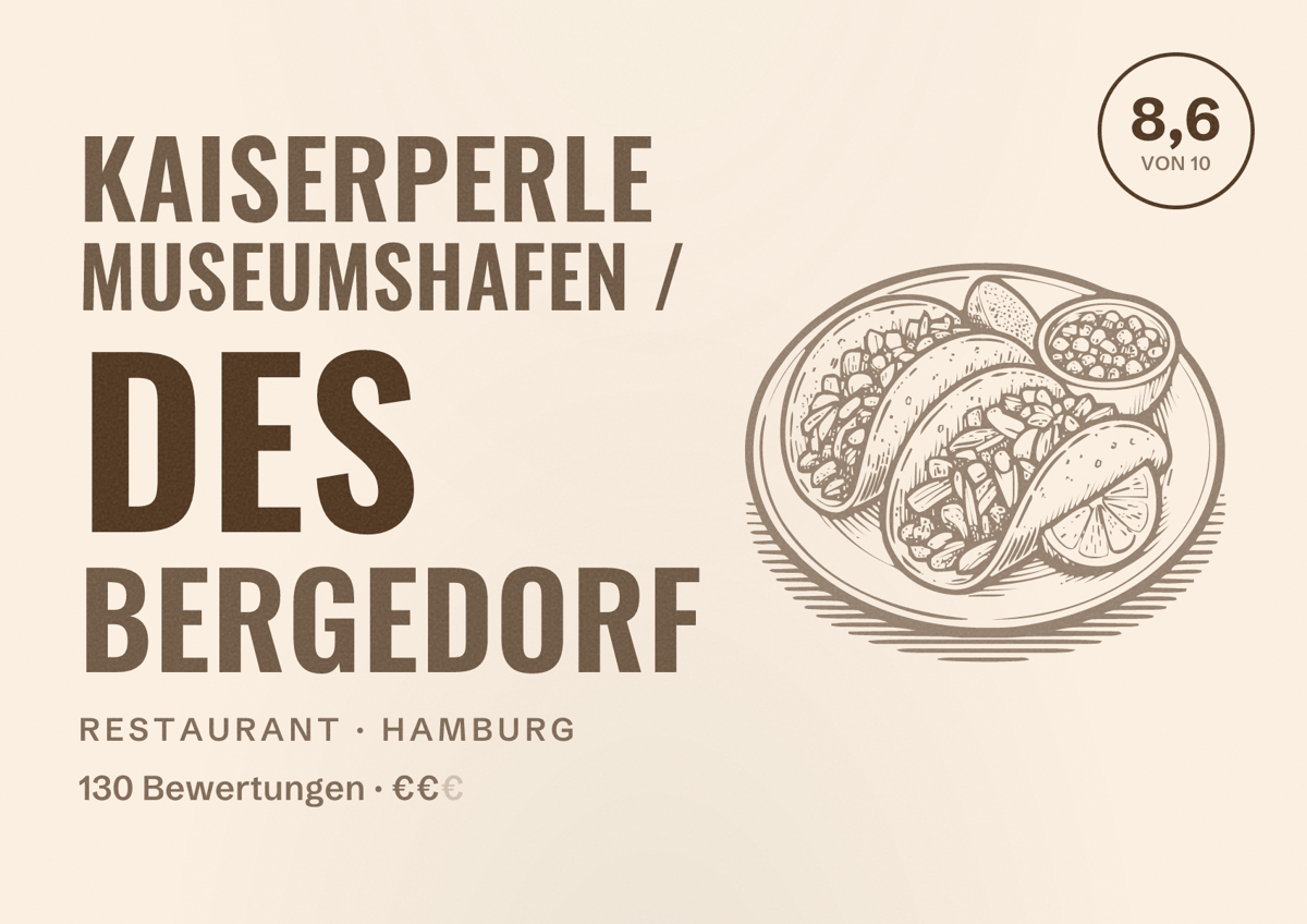 Illustriertes Poster von Kaiserperle Museumshafen / DES Bergedorf, Restaurant in Hamburg: Bewertung 8,6 von 10 aus 130 Bewertungen, Preisniveau €€