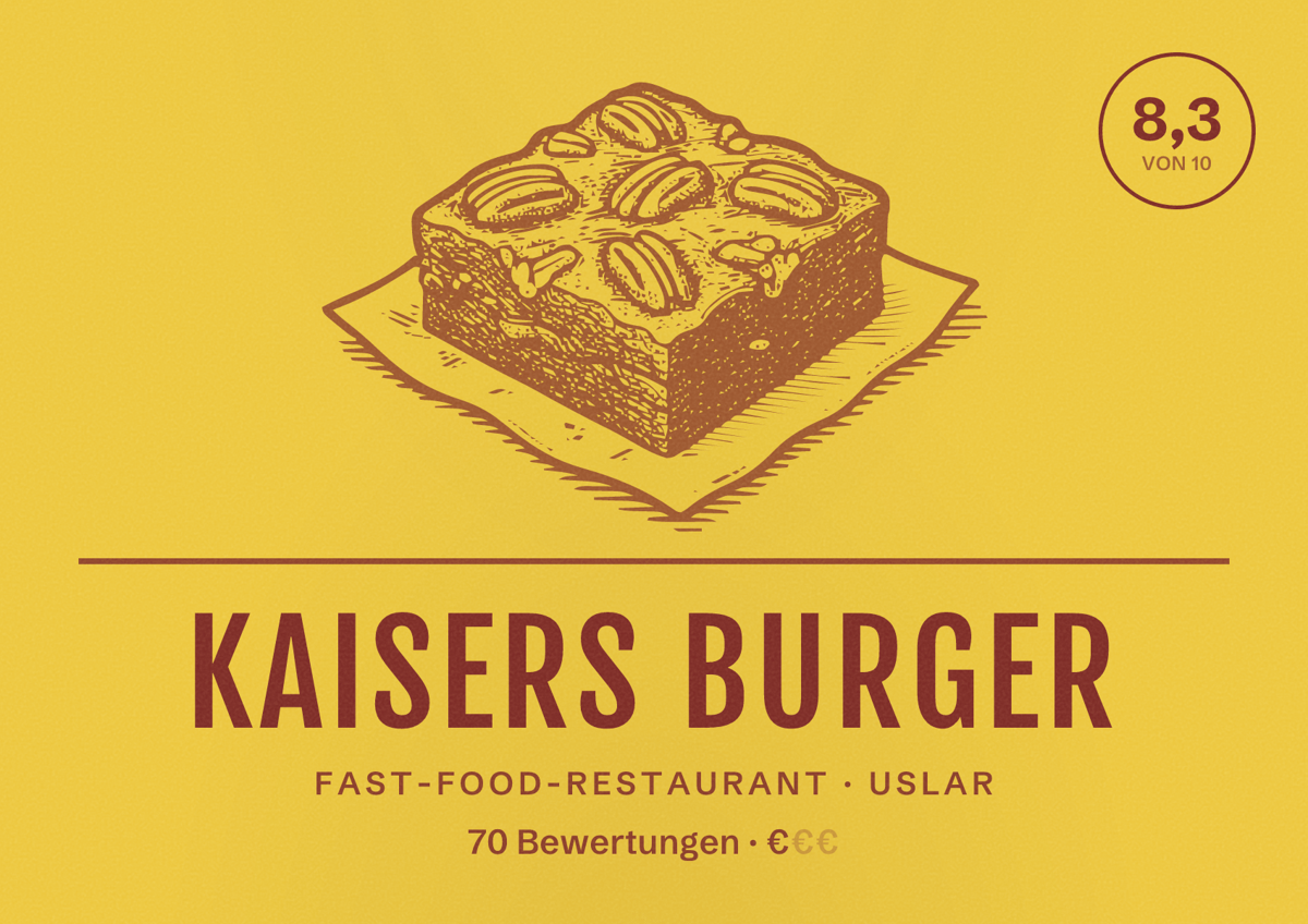 Illustriertes Poster von Kaisers Burger, Fast-Food-Restaurant in Uslar: Bewertung 8,3 von 10 aus 70 Bewertungen, Preisniveau €