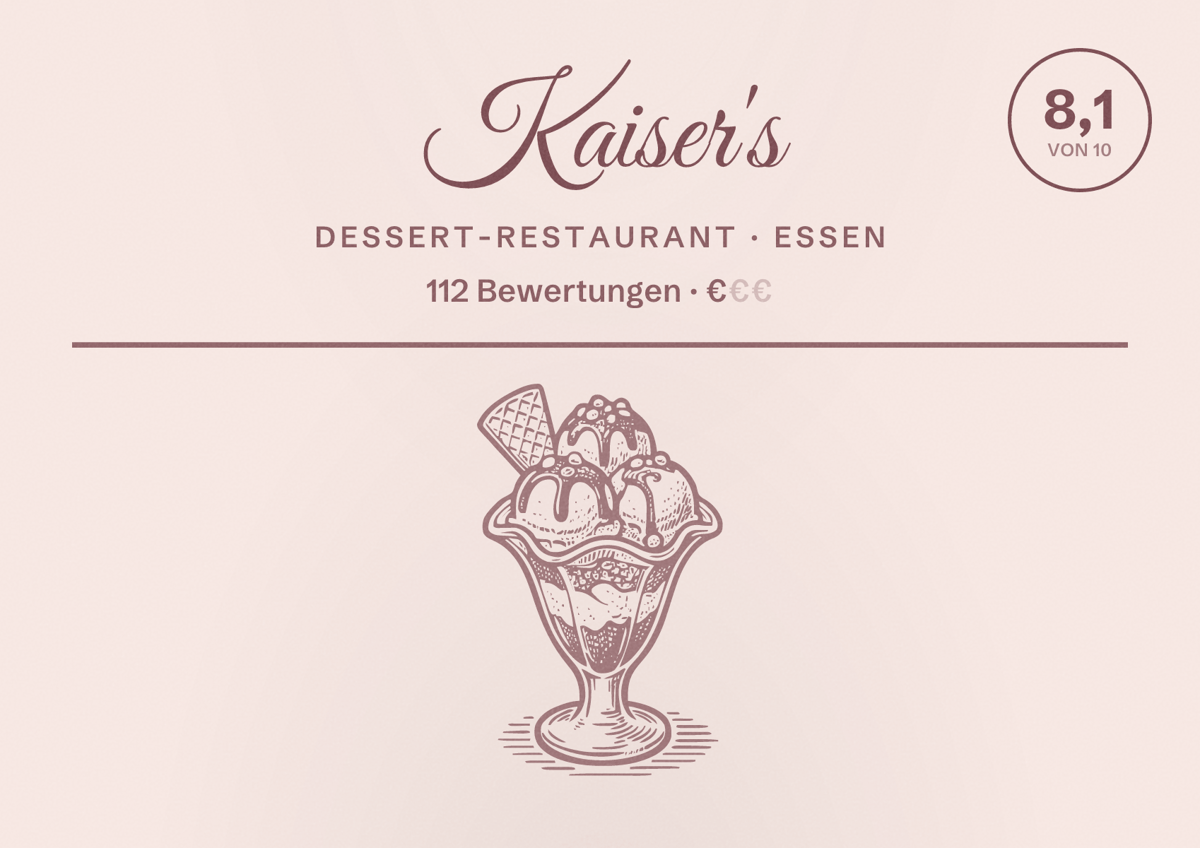 Illustriertes Poster von Kaiser's, Dessert-Restaurant in Essen: Bewertung 8,1 von 10 aus 112 Bewertungen, Preisniveau €