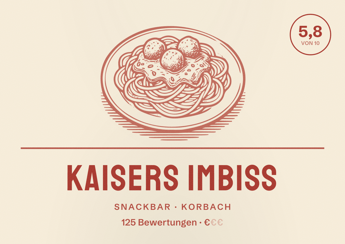 Illustriertes Poster von Kaisers Imbiss, Snackbar in Korbach: Bewertung 5,8 von 10 aus 125 Bewertungen, Preisniveau €