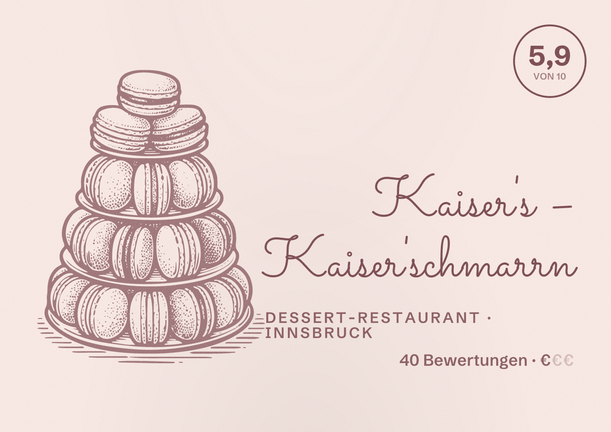 Illustriertes Poster von Kaiser's – Kaiser'schmarrn, Dessert-Restaurant in Innsbruck: Bewertung 5,9 von 10 aus 40 Bewertungen, Preisniveau €
