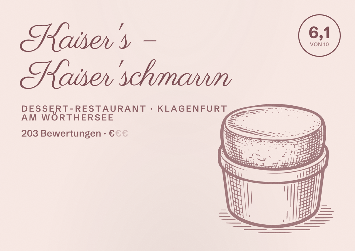 Illustriertes Poster von Kaiser's – Kaiser'schmarrn, Dessert-Restaurant in Klagenfurt am Wörthersee: Bewertung 6,1 von 10 aus 203 Bewertungen, Preisniveau €