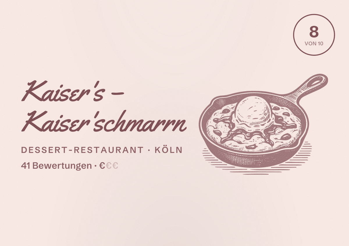 Illustriertes Poster von Kaiser's – Kaiser'schmarrn, Dessert-Restaurant in Köln: Bewertung 8,0 von 10 aus 41 Bewertungen, Preisniveau €