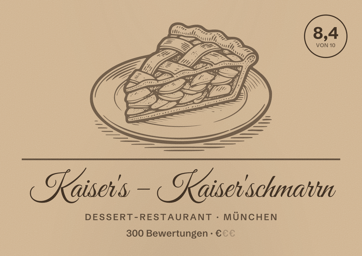 Illustriertes Poster von Kaiser's – Kaiser'schmarrn, Dessert-Restaurant in München: Bewertung 8,4 von 10 aus 300 Bewertungen, Preisniveau €