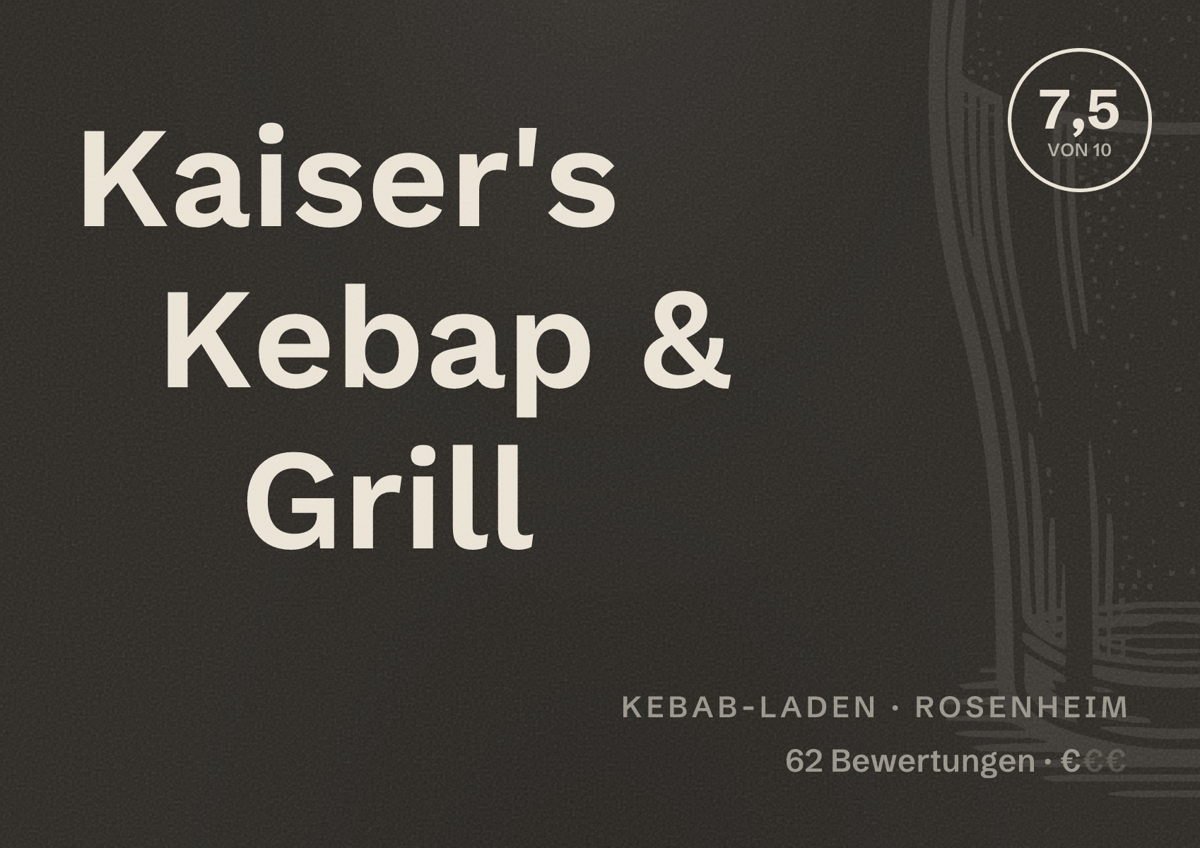 Illustriertes Poster von Kaiser's Kebap & Grill, Kebab-Laden in Rosenheim: Bewertung 7,5 von 10 aus 62 Bewertungen, Preisniveau €