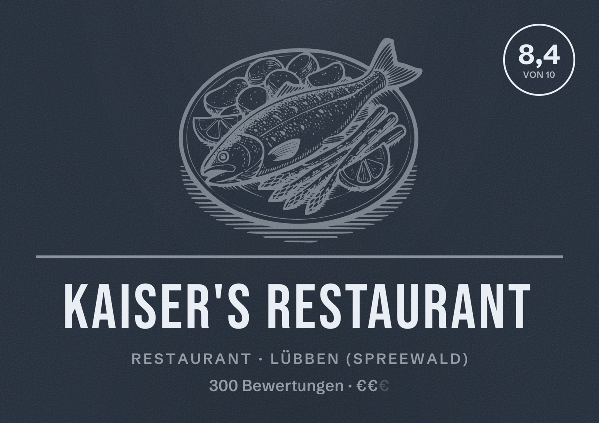 Illustriertes Poster von Kaiser's Restaurant, Restaurant in Lübben (Spreewald): Bewertung 8,4 von 10 aus 300 Bewertungen, Preisniveau €€