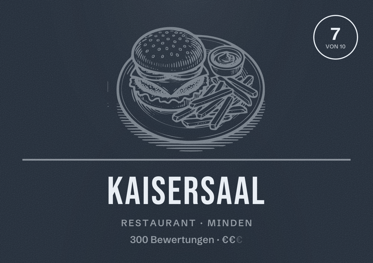 Illustriertes Poster von Kaisersaal, Restaurant in Minden: Bewertung 7 von 10 aus 300 Bewertungen, Preisniveau €€