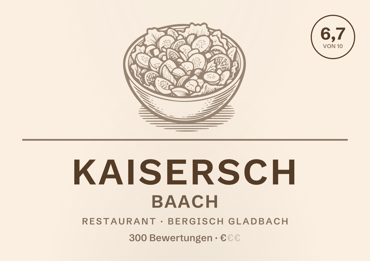 Illustriertes Poster von Kaisersch Baach, Restaurant in Bergisch Gladbach: Bewertung 6,7 von 10 aus 300 Bewertungen, Preisniveau €