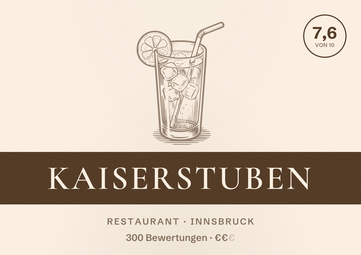 Illustriertes Poster von Kaiserstuben, Restaurant in Innsbruck: Bewertung 7,6 von 10 aus 300 Bewertungen, Preisniveau €€