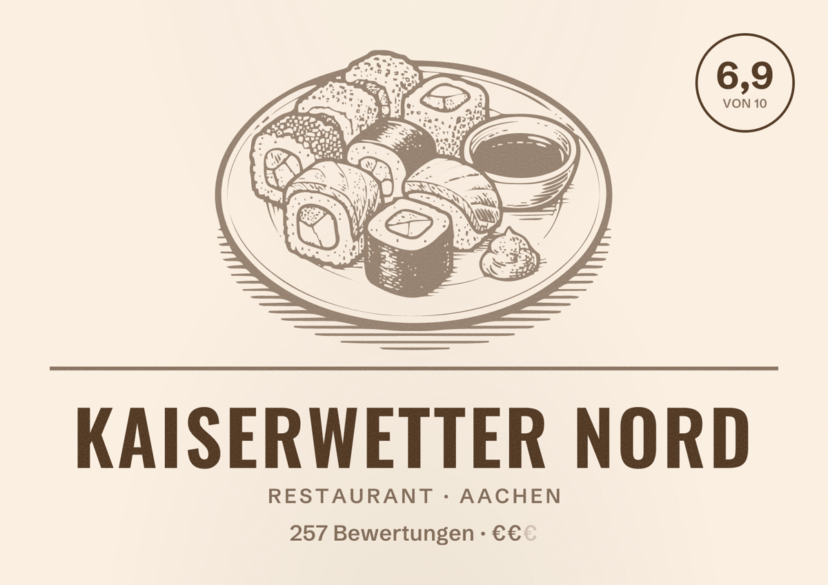 Illustriertes Poster von Kaiserwetter Nord, Restaurant in Aachen: Bewertung 6,9 von 10 aus 257 Bewertungen, Preisniveau €€