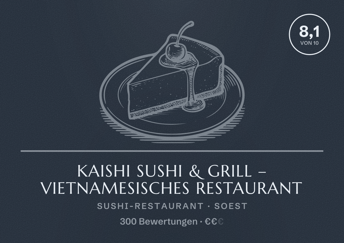 Illustriertes Poster von Kaishi Sushi & Grill – Vietnamesisches Restaurant, Sushi-Restaurant in Soest: Bewertung 8,1 von 10 aus 300 Bewertungen, Preisniveau €€