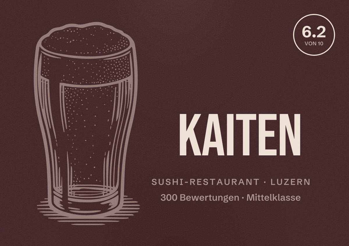 Illustriertes Poster von Kaiten, Sushi-Restaurant in Luzern: Bewertung 6.2 von 10 aus 300 Bewertungen, Preisniveau Mittelklasse