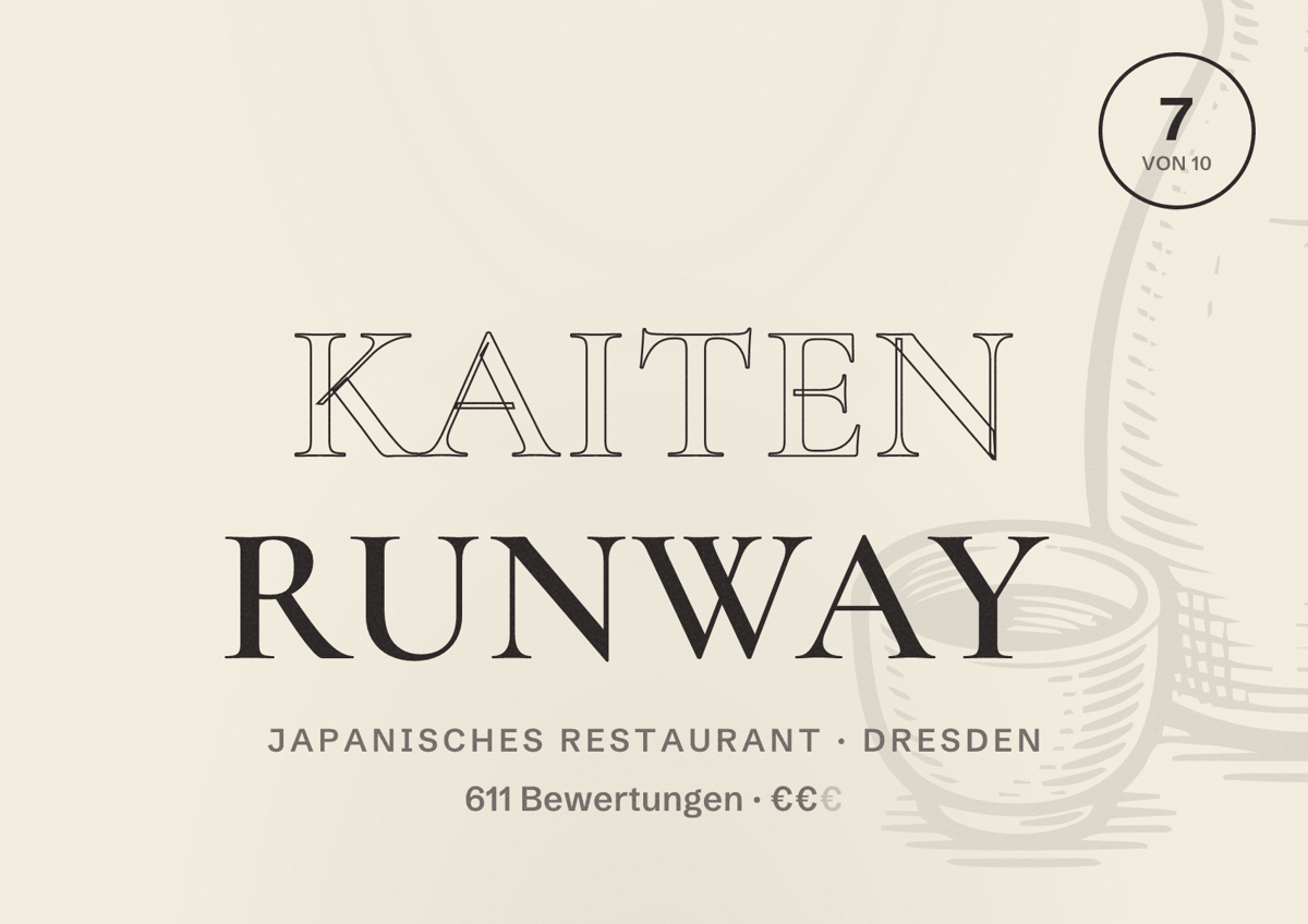 Illustriertes Poster von Kaiten Runway, Japanisches Restaurant in Dresden: Bewertung 7 von 10 aus 611 Bewertungen, Preisniveau €€