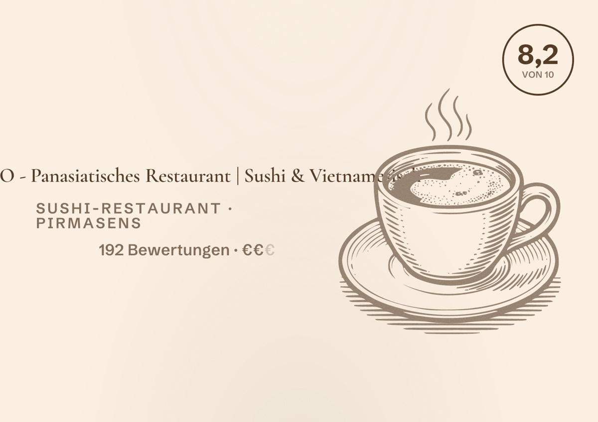 Illustriertes Poster von KAITO - Panasiatisches Restaurant | Sushi & Vietnamesisch, Sushi-Restaurant in Pirmasens: Bewertung 8,2 von 10 aus 192 Bewertungen, Preisniveau €€