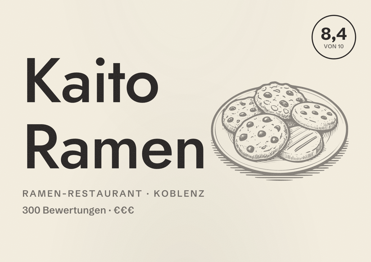 Illustriertes Poster von Kaito Ramen, Ramen-Restaurant in Koblenz: Bewertung 8,4 von 10 aus 300 Bewertungen, Preisniveau €€€