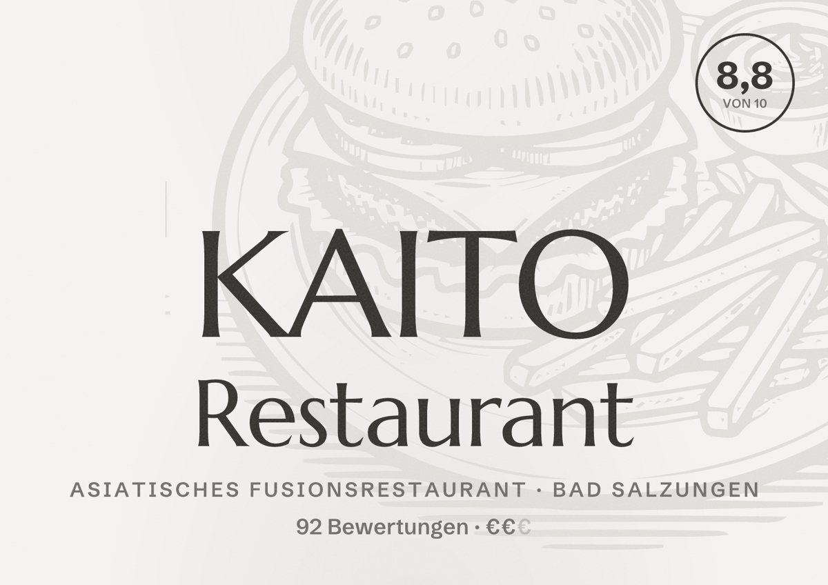 Illustriertes Poster von KAITO Restaurant, Asiatisches Fusionsrestaurant in Bad Salzungen: Bewertung 8,8 von 10 aus 92 Bewertungen, Preisniveau €€