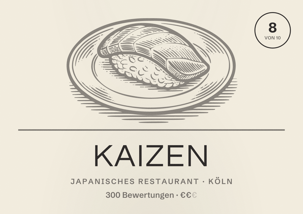 Illustriertes Poster von Kaizen, Japanisches Restaurant in Köln: Bewertung 8,0 von 10 aus 300 Bewertungen, Preisniveau €€