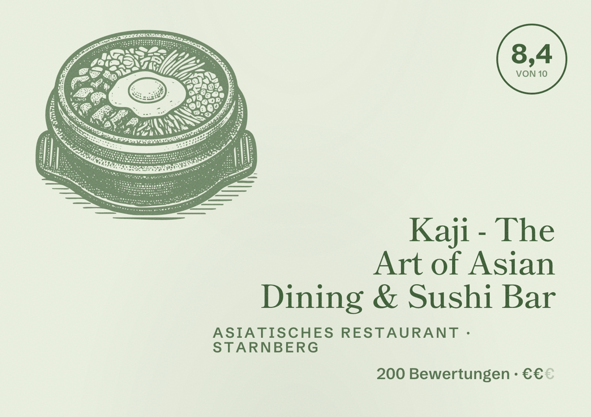 Illustriertes Poster von Kaji - The Art of Asian Dining & Sushi Bar, Asiatisches Restaurant in Starnberg: Bewertung 8,4 von 10 aus 200 Bewertungen, Preisniveau €€