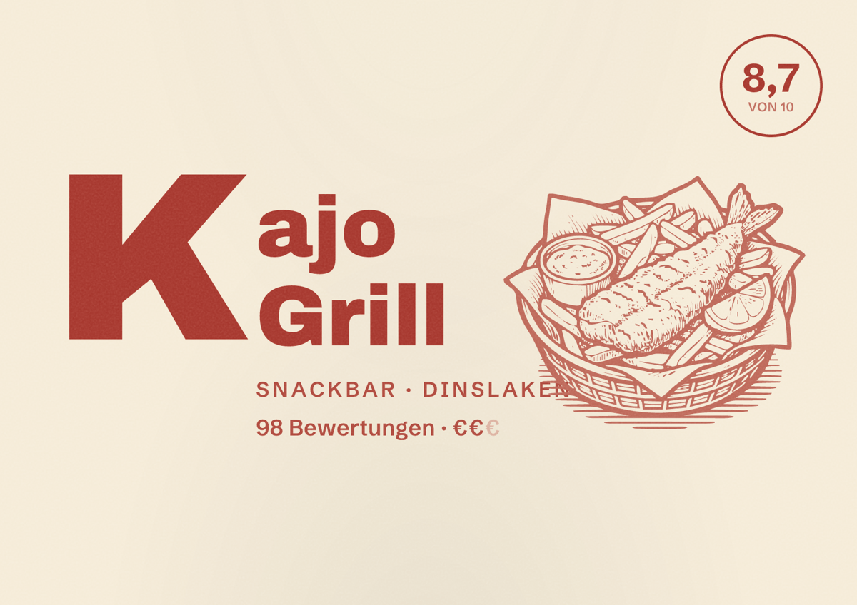 Illustriertes Poster von Kajo Grill, Snackbar in Dinslaken: Bewertung 8,7 von 10 aus 98 Bewertungen, Preisniveau €€