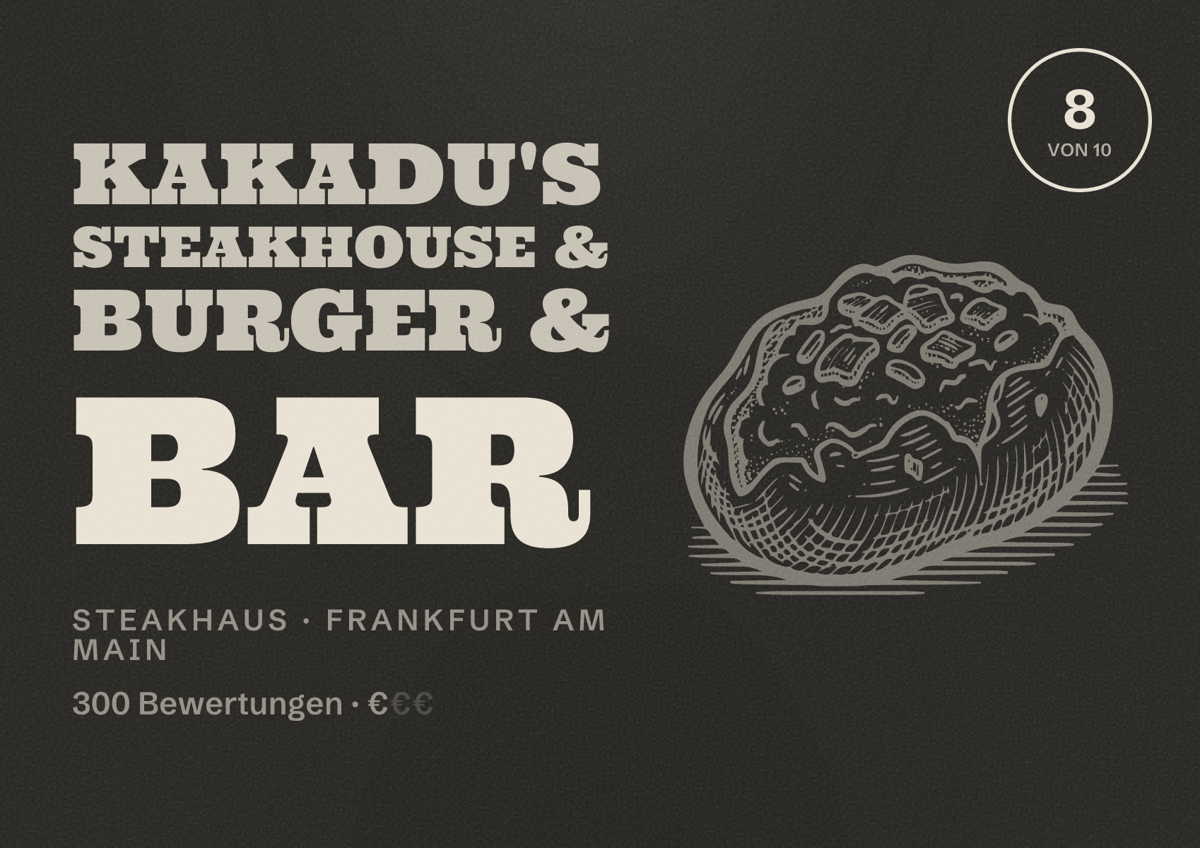 Illustriertes Poster von KAKADU'S Steakhouse & Burger & Bar, Steakhaus in Frankfurt am Main: Bewertung 8,0 von 10 aus 300 Bewertungen, Preisniveau €