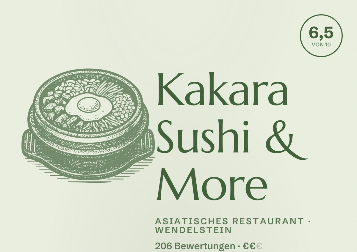 Illustriertes Poster von Kakara Sushi & More, Asiatisches Restaurant in Wendelstein: Bewertung 6,5 von 10 aus 206 Bewertungen, Preisniveau €€