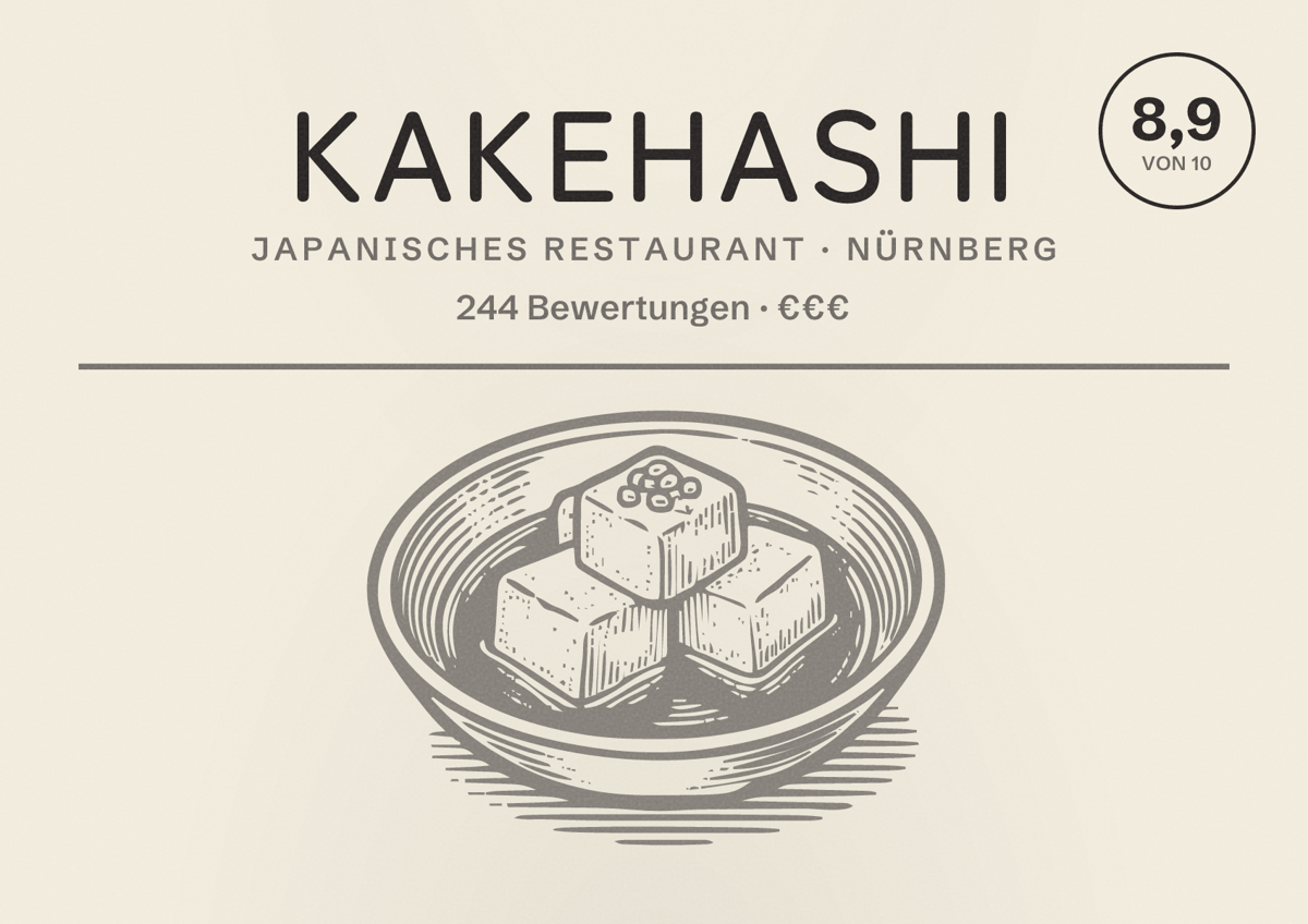 Illustriertes Poster von Kakehashi, Japanisches Restaurant in Nürnberg: Bewertung 8,9 von 10 aus 244 Bewertungen, Preisniveau €€€