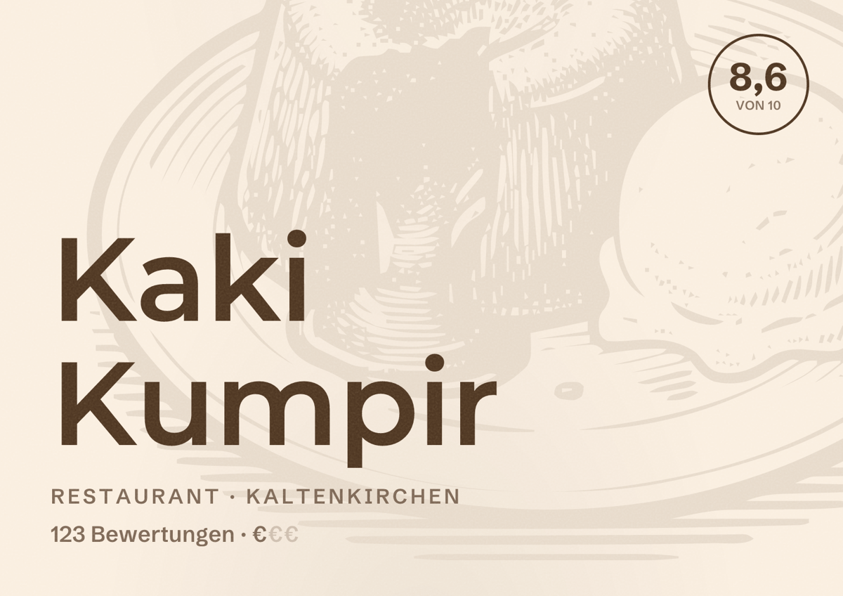 Illustriertes Poster von Kaki Kumpir, Restaurant in Kaltenkirchen: Bewertung 8,6 von 10 aus 123 Bewertungen, Preisniveau €