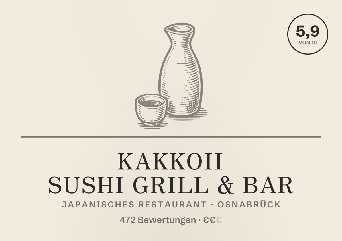 Illustriertes Poster von Kakkoii Sushi Grill & Bar, Japanisches Restaurant in Osnabrück: Bewertung 5,9 von 10 aus 472 Bewertungen, Preisniveau €€