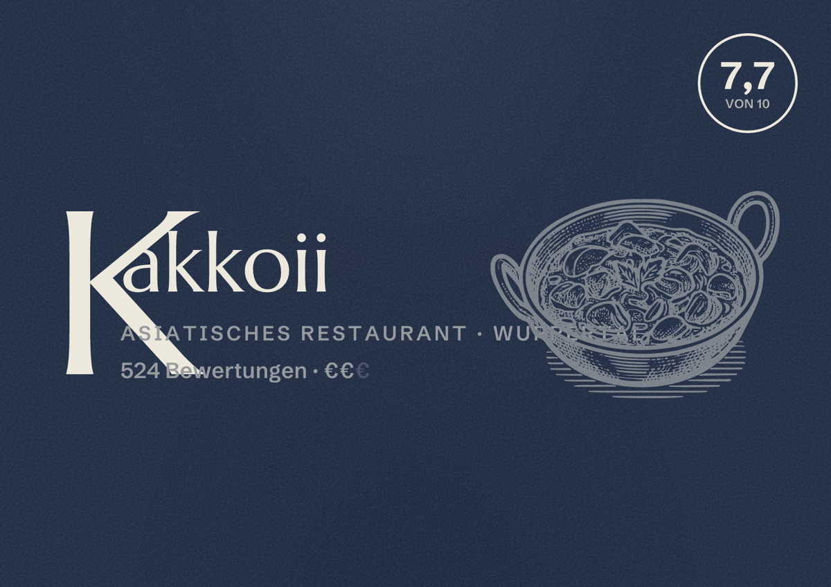 Illustriertes Poster von Kakkoii, Asiatisches Restaurant in Wuppertal: Bewertung 7,7 von 10 aus 524 Bewertungen, Preisniveau €€