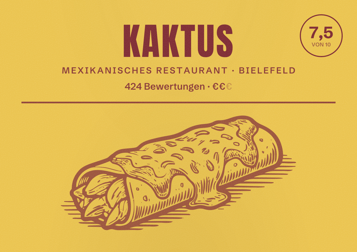 Illustriertes Poster von Kaktus, Mexikanisches Restaurant in Bielefeld: Bewertung 7,5 von 10 aus 424 Bewertungen, Preisniveau €€