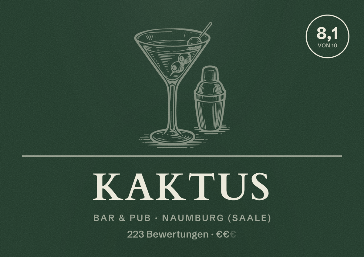 Illustriertes Poster von Kaktus, Bar & Pub in Naumburg (Saale): Bewertung 8,1 von 10 aus 223 Bewertungen, Preisniveau €€