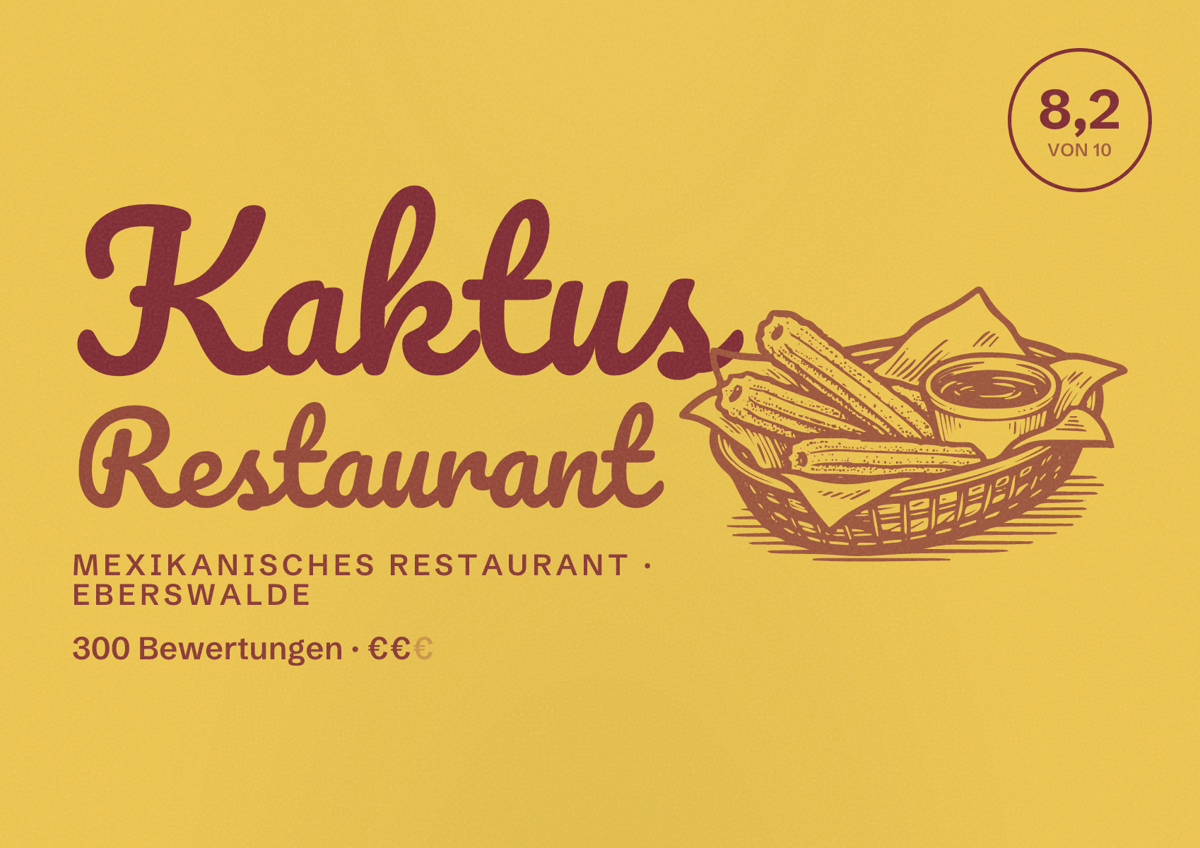 Illustriertes Poster von Kaktus Restaurant, Mexikanisches Restaurant in Eberswalde: Bewertung 8,2 von 10 aus 300 Bewertungen, Preisniveau €€