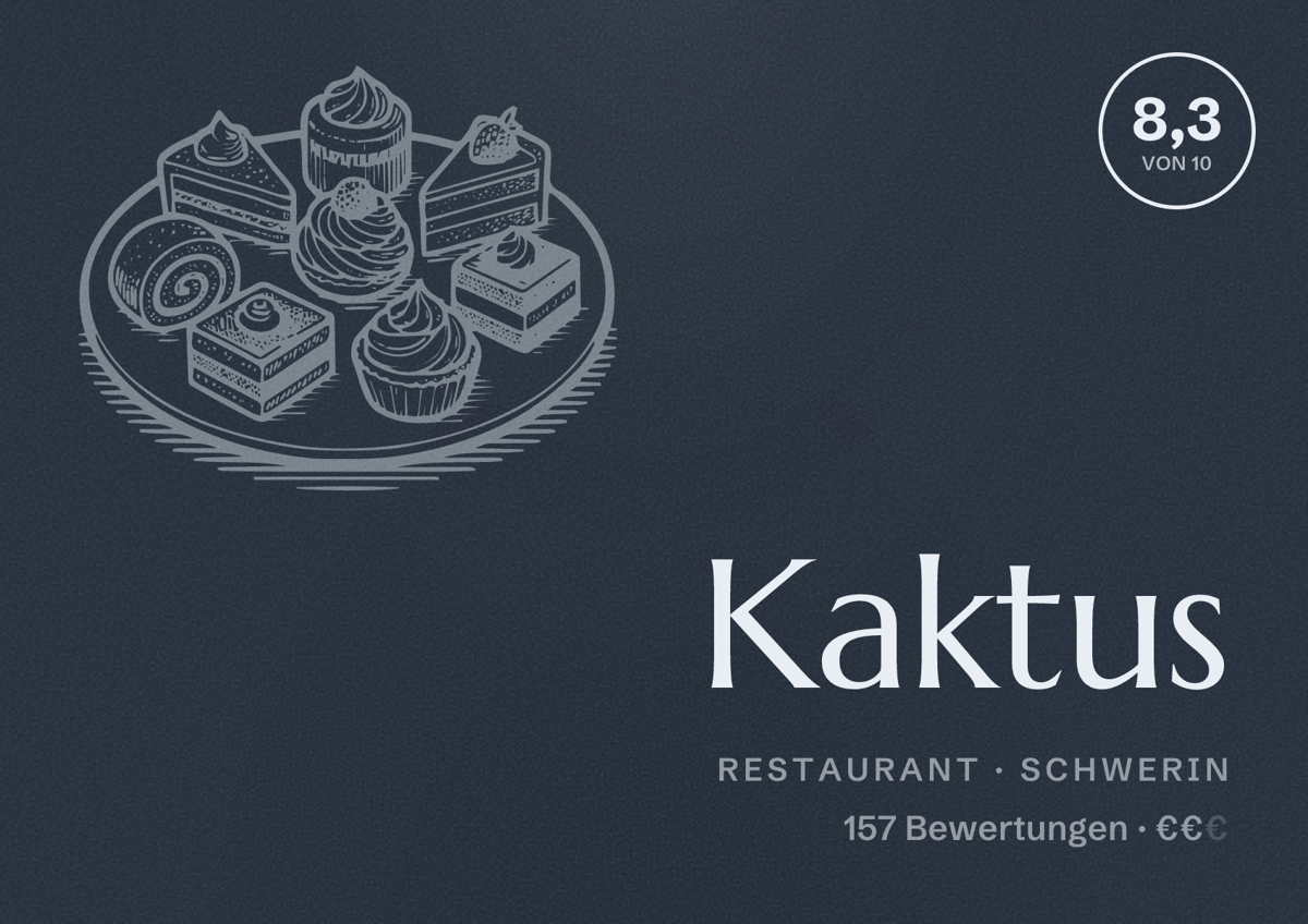 Illustriertes Poster von Kaktus, Restaurant in Schwerin: Bewertung 8,3 von 10 aus 157 Bewertungen, Preisniveau €€
