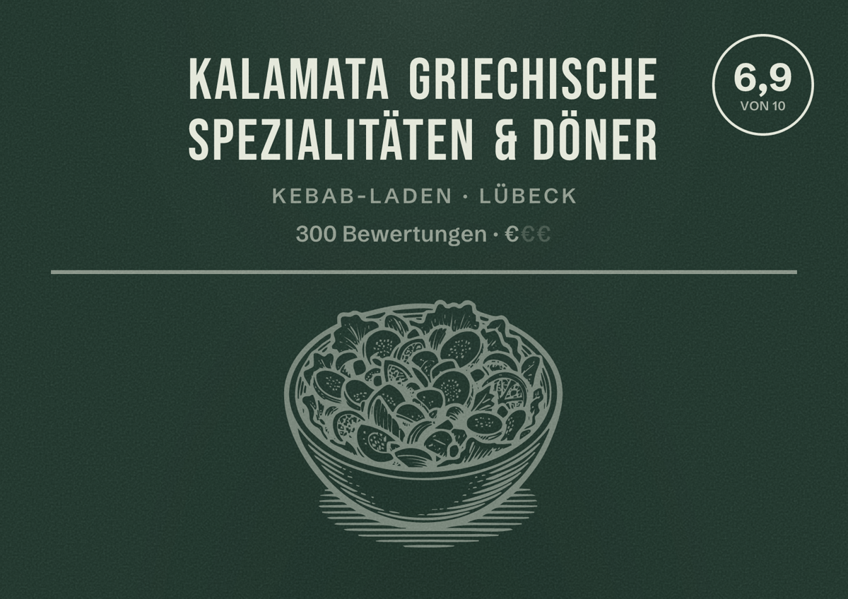 Illustriertes Poster von KALAMATA Griechische Spezialitäten & Döner, Kebab-Laden in Lübeck: Bewertung 6,9 von 10 aus 300 Bewertungen, Preisniveau €