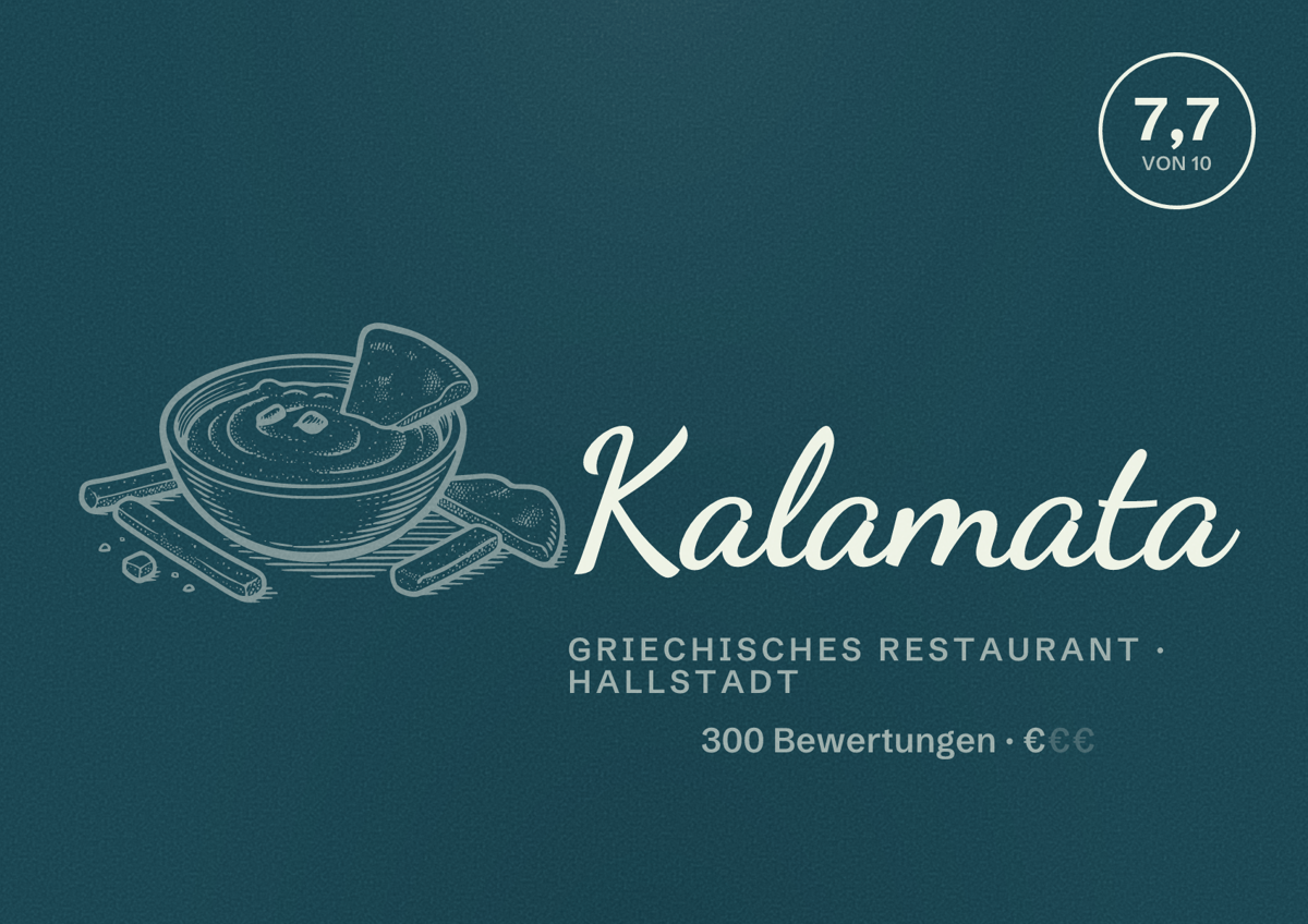 Illustriertes Poster von Kalamata, Griechisches Restaurant in Hallstadt: Bewertung 7,7 von 10 aus 300 Bewertungen, Preisniveau €