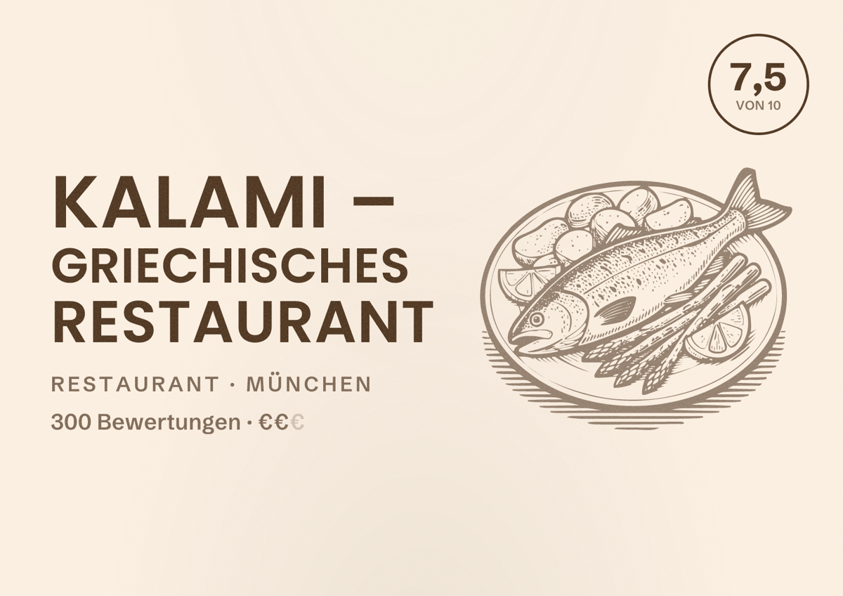Illustriertes Poster von Kalami – Griechisches Restaurant, Restaurant in München: Bewertung 7,5 von 10 aus 300 Bewertungen, Preisniveau €€