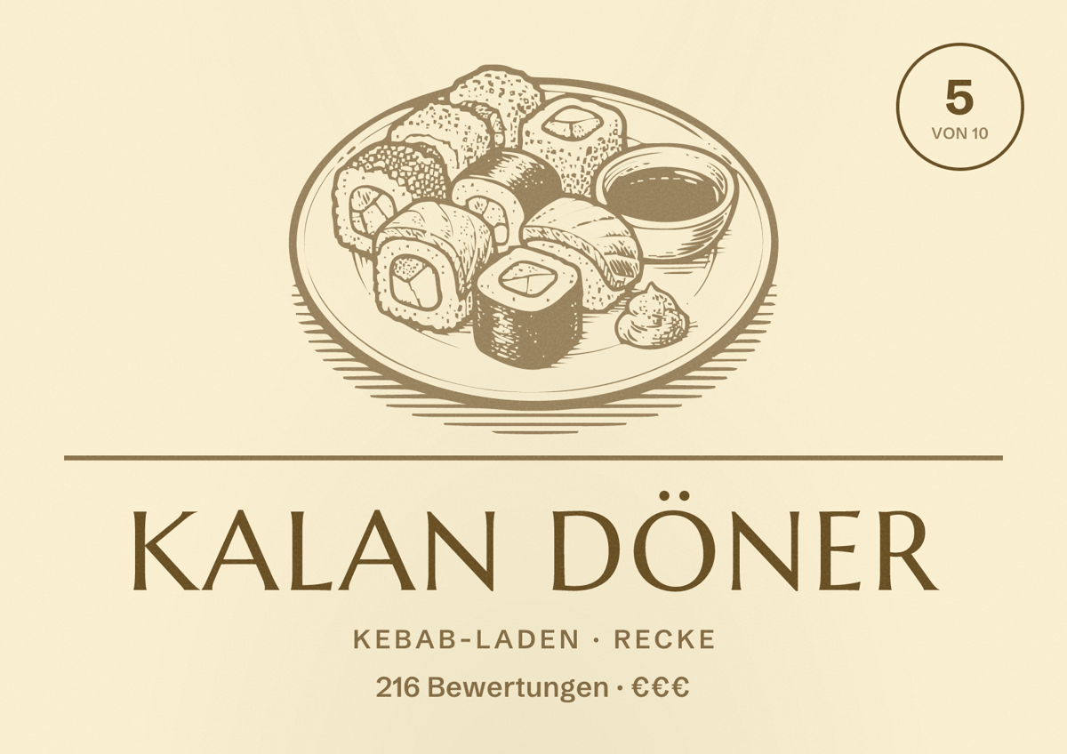 Illustriertes Poster von Kalan Döner, Kebab-Laden in Recke: Bewertung 5 von 10 aus 216 Bewertungen, Preisniveau €€€