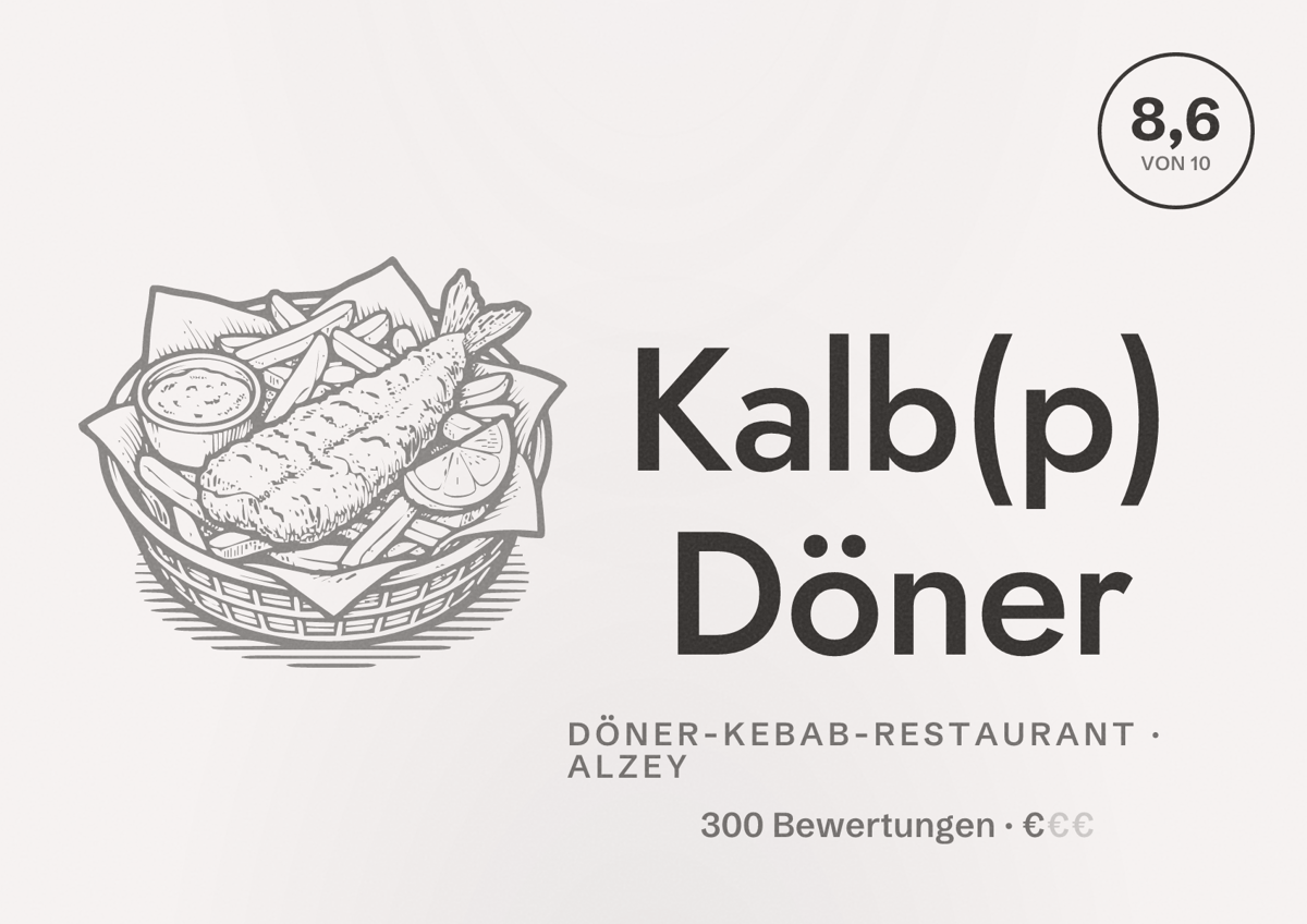 Illustriertes Poster von Kalb(p) Döner, Döner-Kebab-Restaurant in Alzey: Bewertung 8,6 von 10 aus 300 Bewertungen, Preisniveau €
