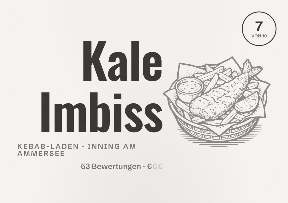 Illustriertes Poster von Kale Imbiss, Kebab-Laden in Inning am Ammersee: Bewertung 7 von 10 aus 53 Bewertungen, Preisniveau €