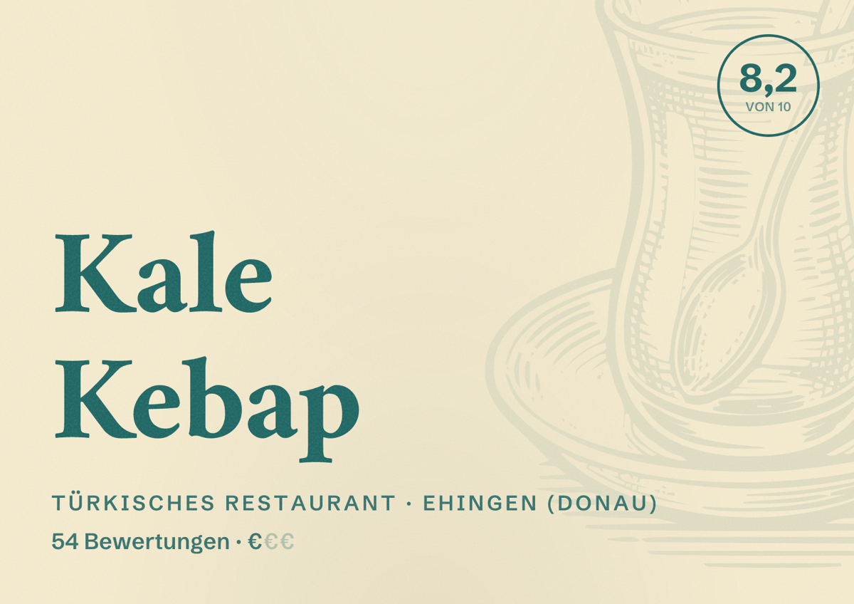 Illustriertes Poster von Kale Kebap, Türkisches Restaurant in Ehingen (Donau): Bewertung 8,2 von 10 aus 54 Bewertungen, Preisniveau €