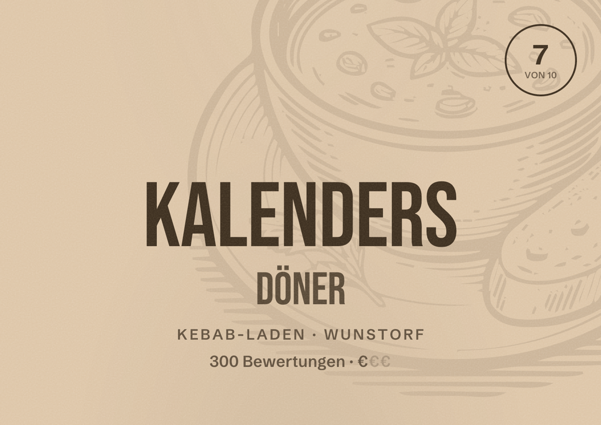Illustriertes Poster von kalenders döner, Kebab-Laden in Wunstorf: Bewertung 7 von 10 aus 300 Bewertungen, Preisniveau €