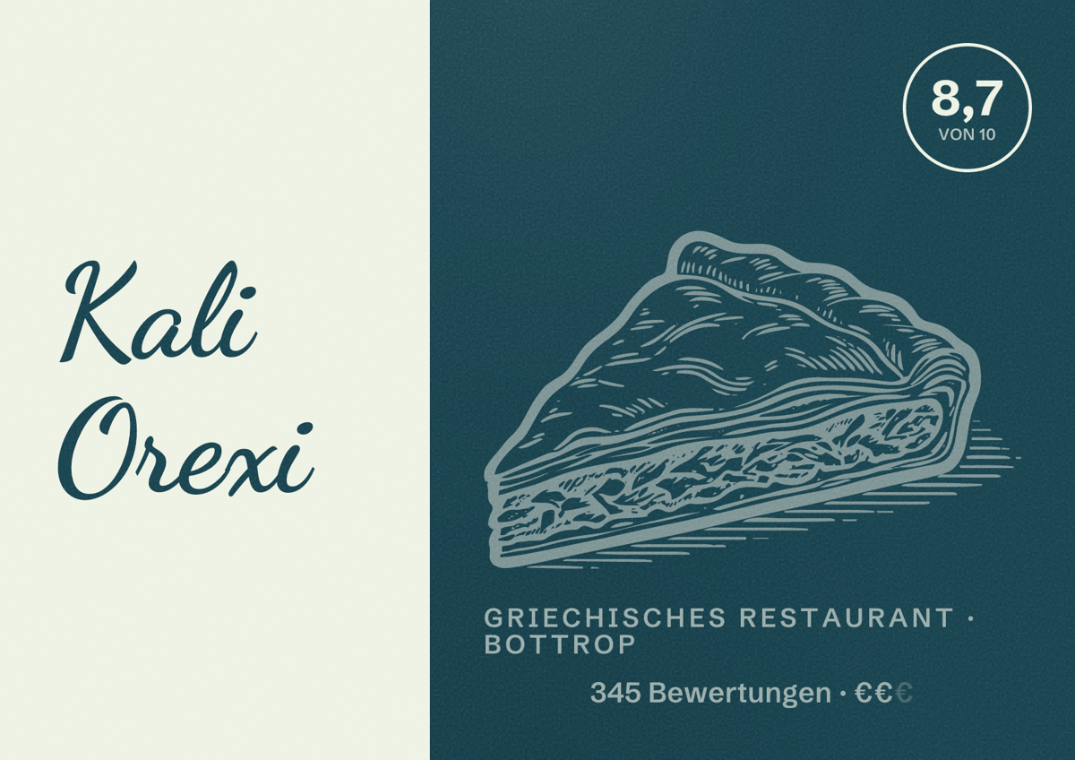 Illustriertes Poster von Kali Orexi, Griechisches Restaurant in Bottrop: Bewertung 8,7 von 10 aus 345 Bewertungen, Preisniveau €€