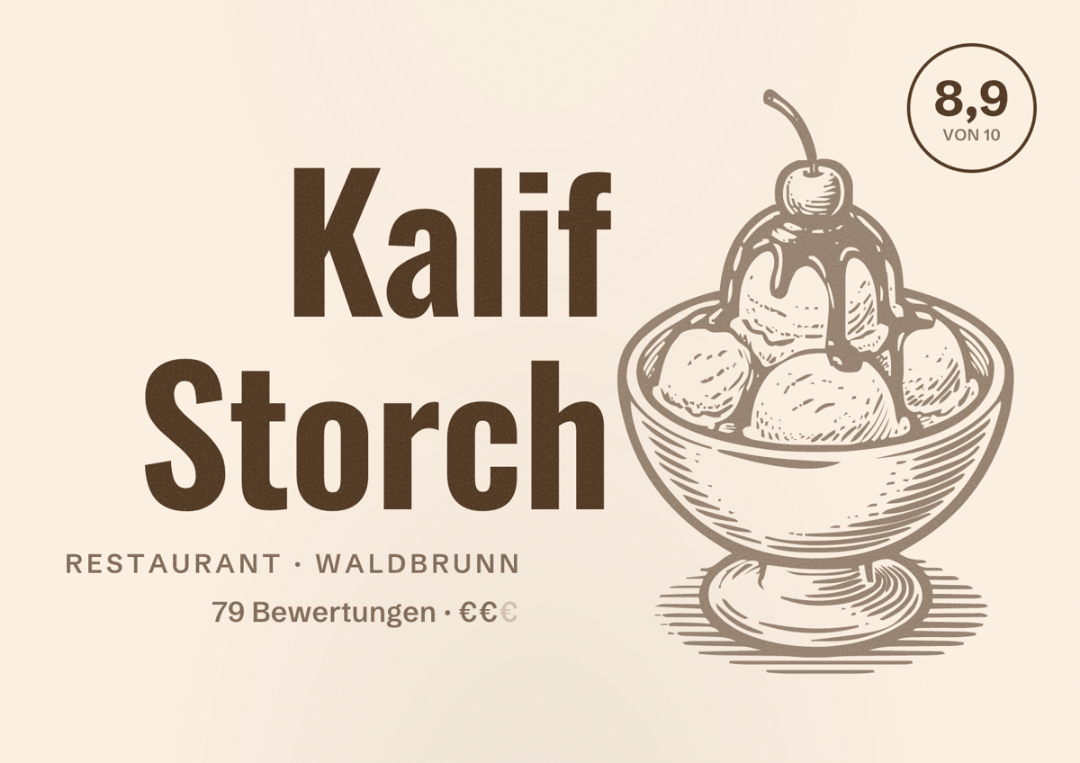 Illustriertes Poster von Kalif Storch, Restaurant in Waldbrunn: Bewertung 8,9 von 10 aus 79 Bewertungen, Preisniveau €€