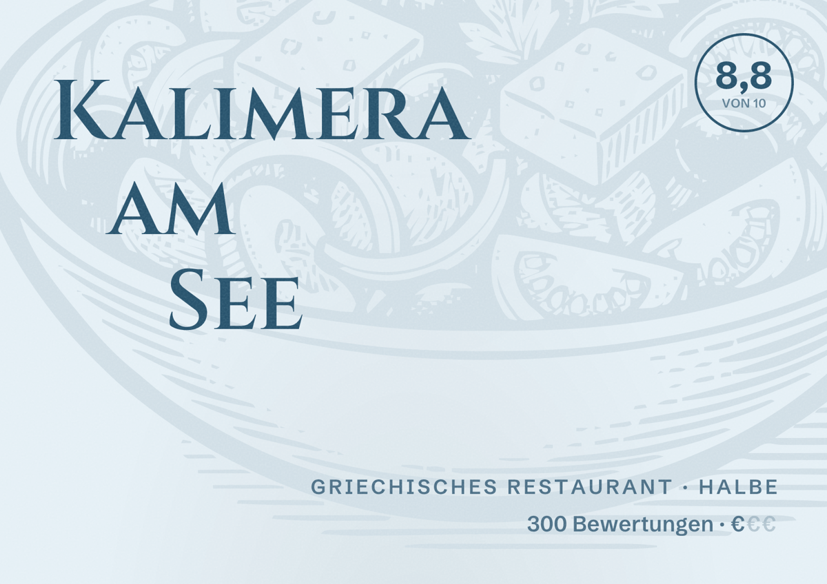Illustriertes Poster von Kalimera am See, Griechisches Restaurant in Halbe: Bewertung 8,8 von 10 aus 300 Bewertungen, Preisniveau €